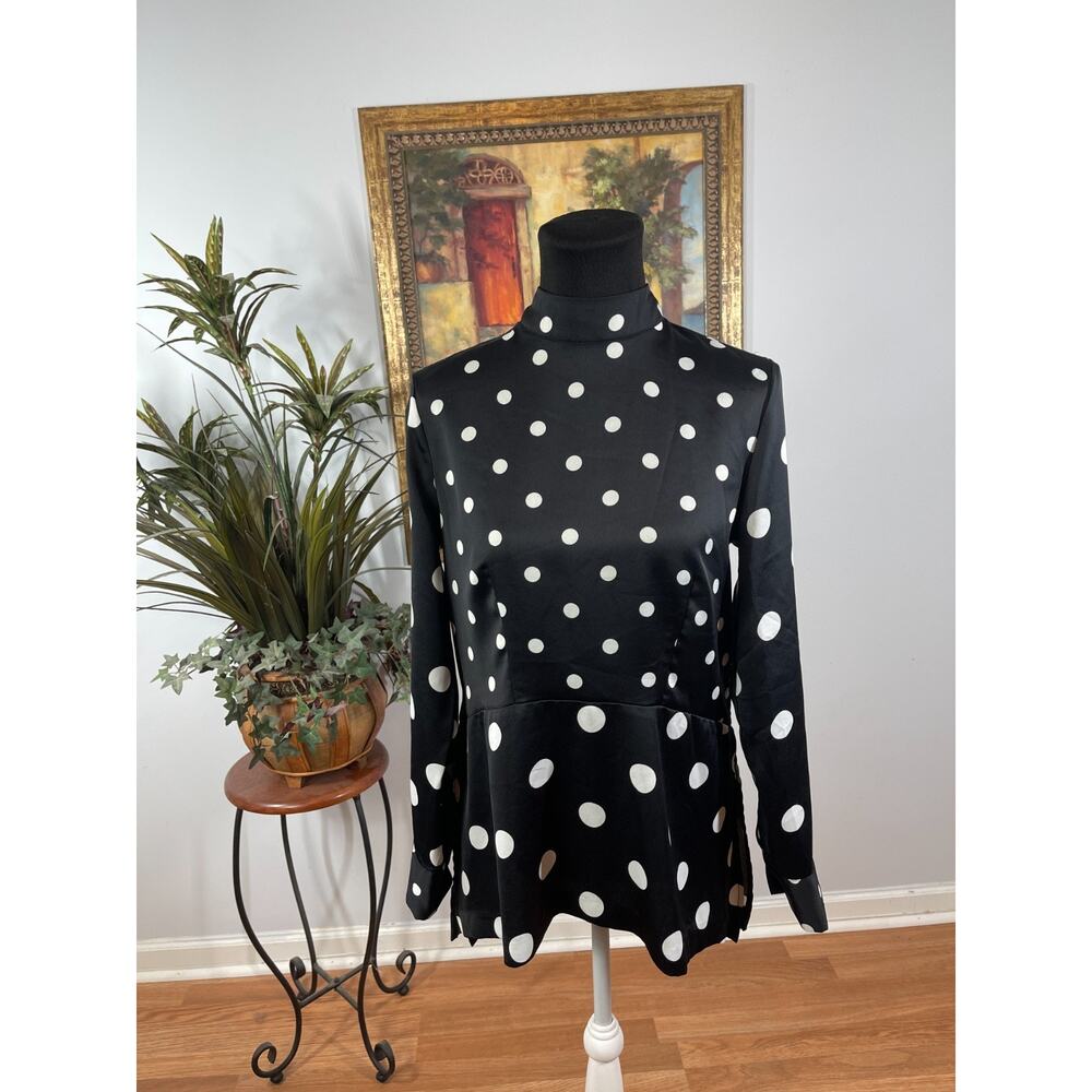 H&M Polka-Dot Blouse Women's Size 8 Black Satin Romantic Bohemian Chic Classic